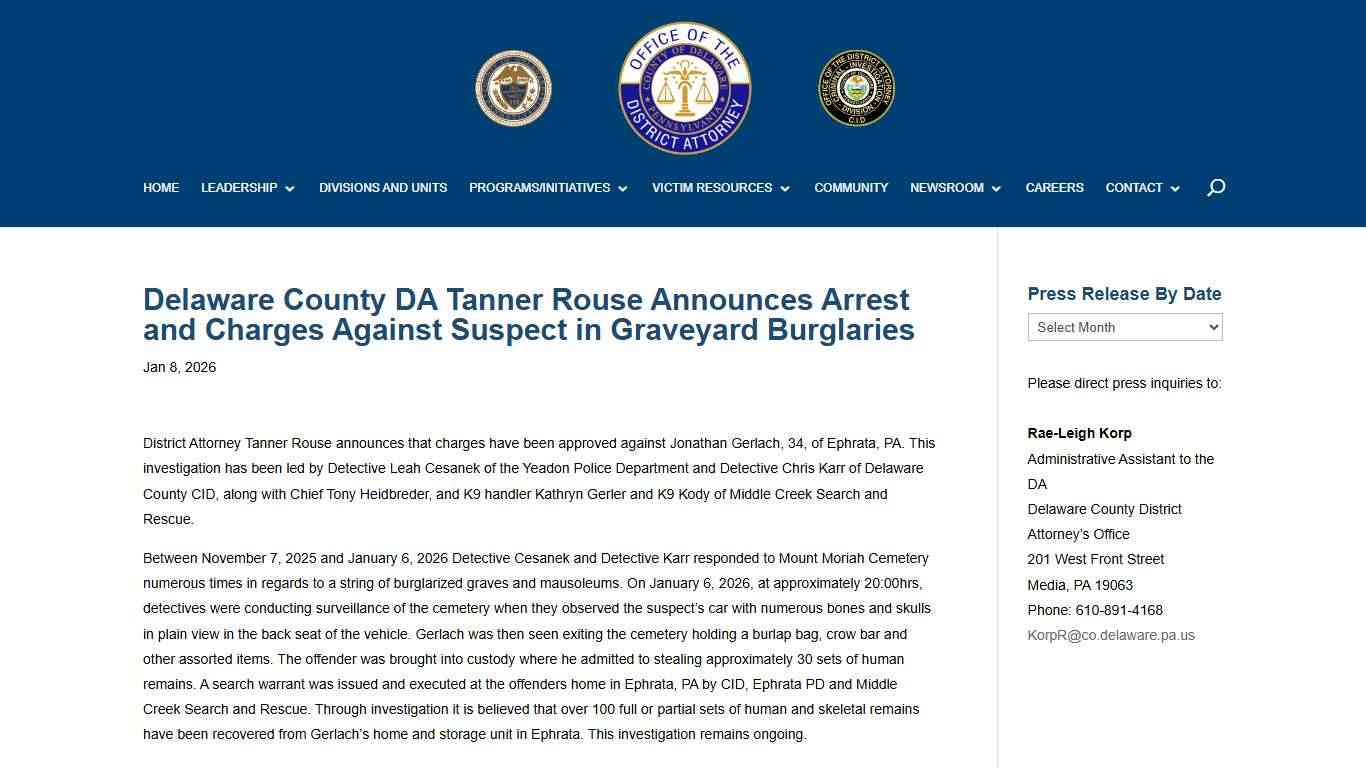 Delaware County DA Tanner Rouse Announces Arrest and Charges Against Suspect in Graveyard Burglaries - Delaware County District Attorneys Office