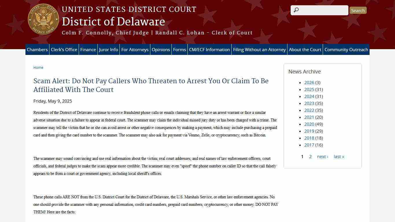 Scam Alert: Do Not Pay Callers Who Threaten to Arrest You Or Claim To Be Affiliated With The Court | District of Delaware | United States District Court